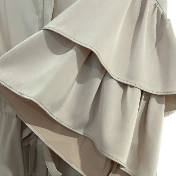 Satin Zippered Tunic Jacket Ruffle Tiered short Sleeves Champagne Pink Size L - Picture 3 of 3